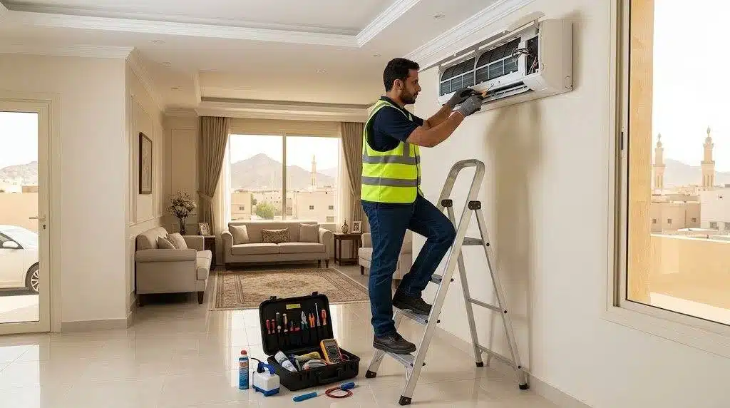فني صيانة مكيفات مكة يفحص مكيف سبليت ويقيس ضغط الفريون